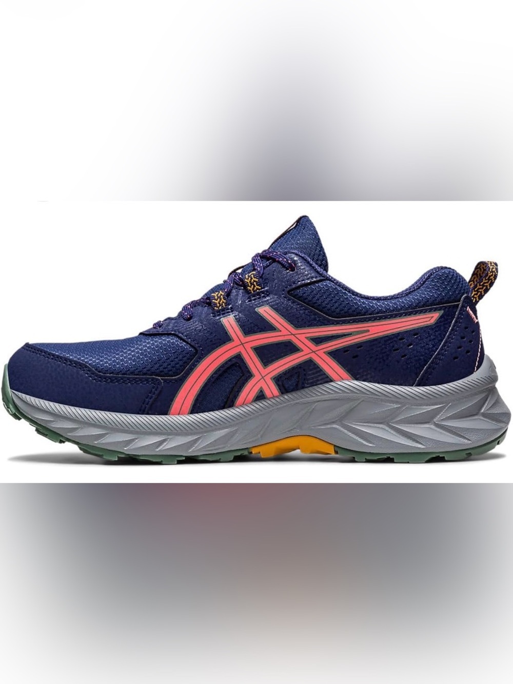 Asics Navy Running Shoe with Coral Stripes and Yellow-Green Outsole